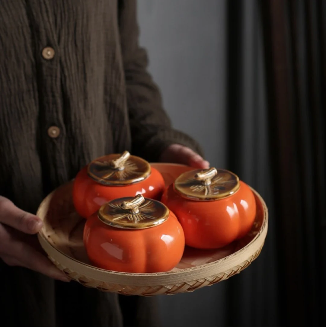 Traditional Chinese Tea Set- Ceramic Red Persimmon Tea Set with cups and Tea Plant Canister
