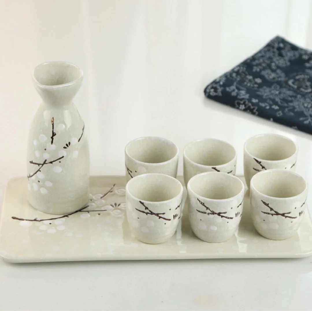 Plum Blossom Sake Cup Set - 7 pcs flowers Sake Set with Warmer