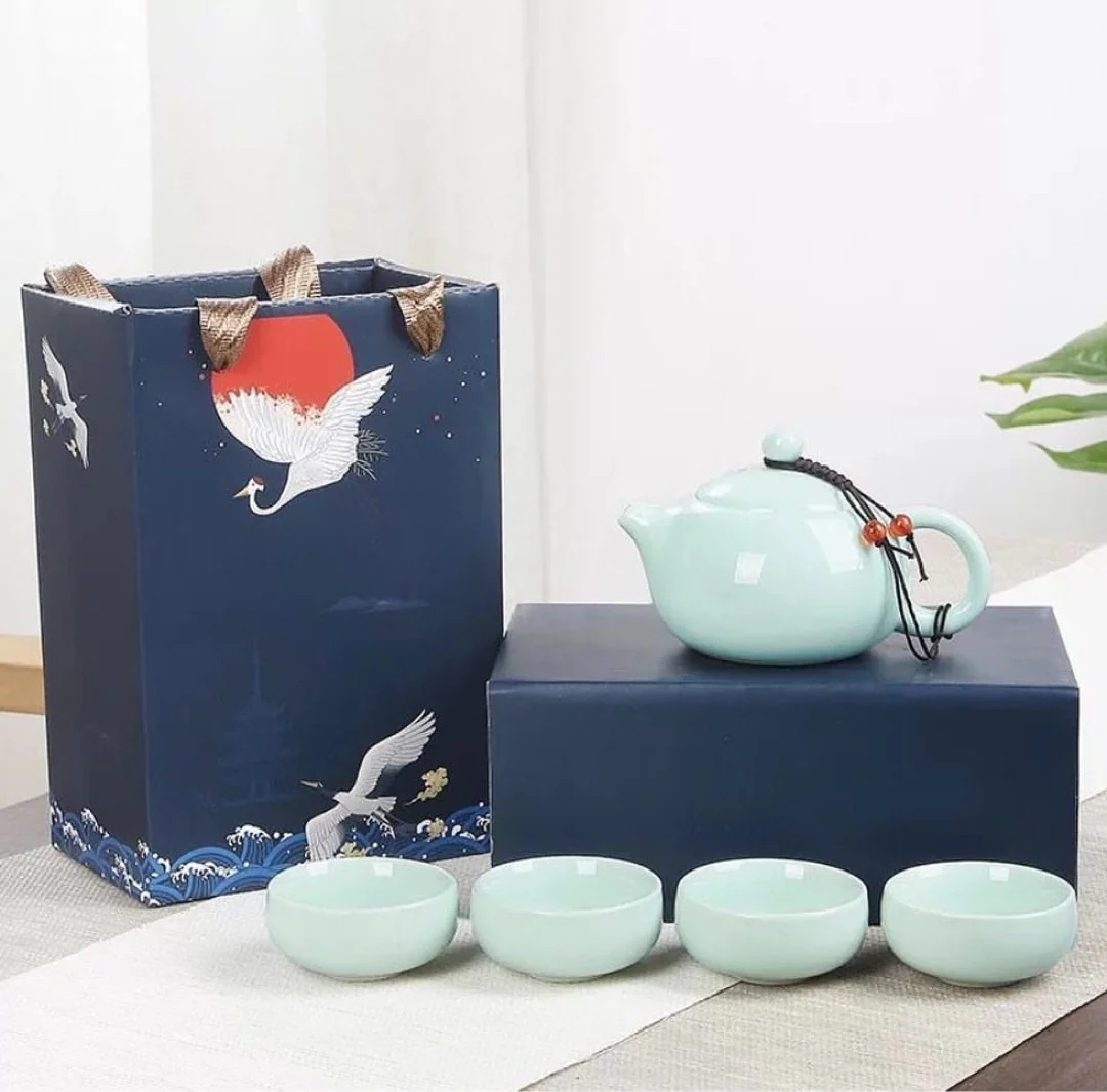 Traditional Chinese Tea Set- 5 pcs Ceramic Chinese Tea Set with cups with gift box