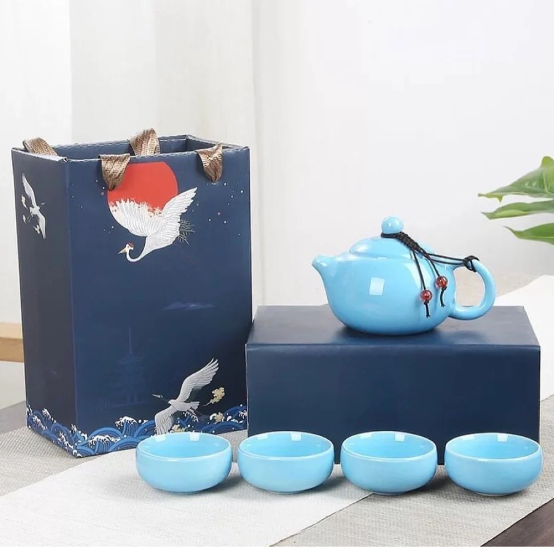 Traditional Chinese Tea Set- 5 pcs Ceramic Chinese Tea Set with cups with gift box