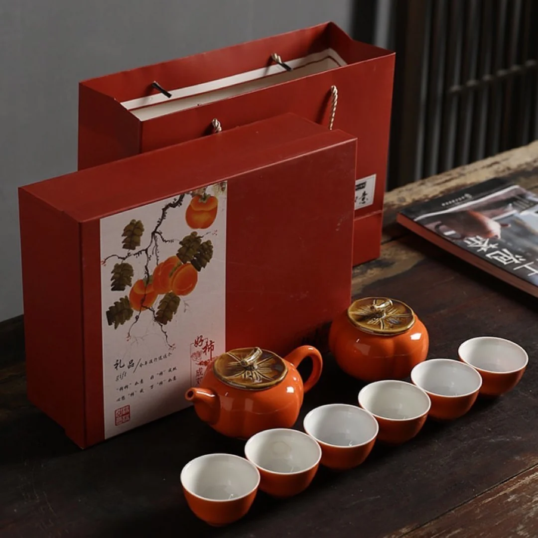 Traditional Chinese Tea Set- Ceramic Red Persimmon Tea Set with cups and Tea Plant Canister