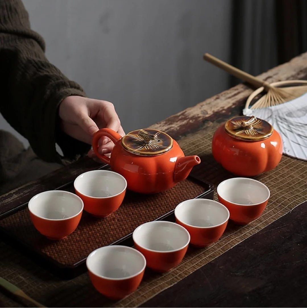 Traditional Chinese Tea Set- Ceramic Red Persimmon Tea Set with cups and Tea Plant Canister