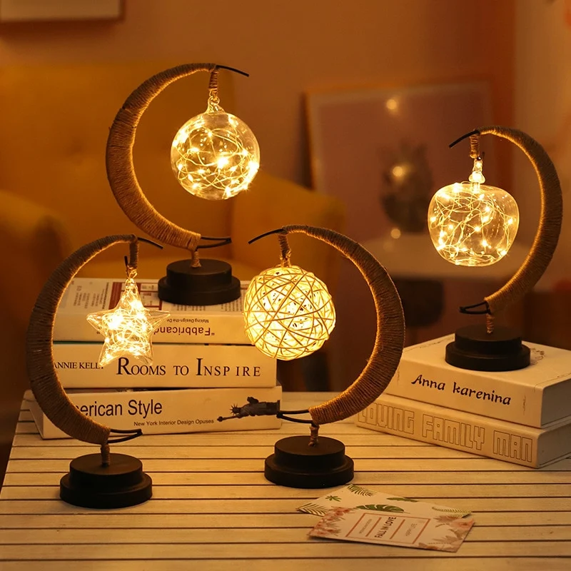 Led stars and moon hemp rope wrought iron decoration light