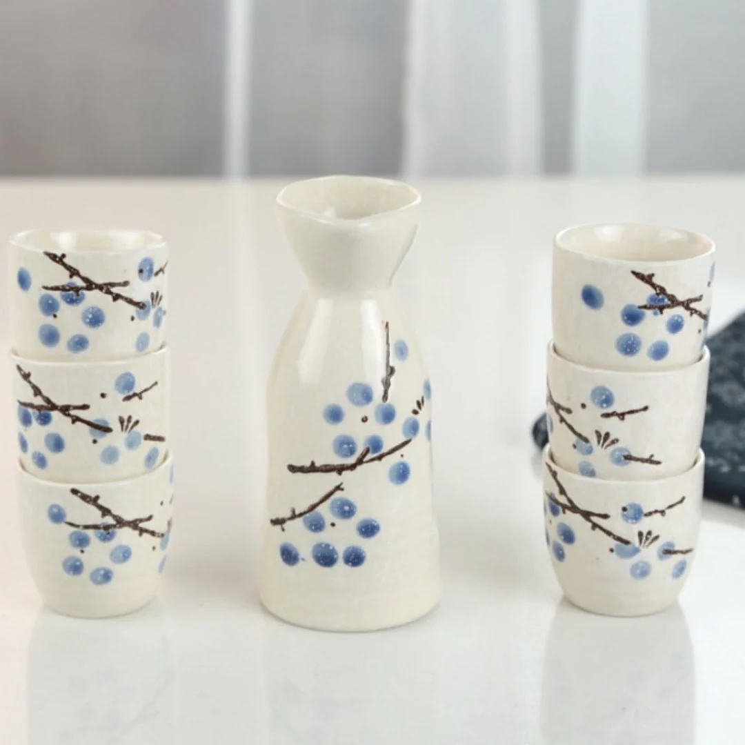 Plum Blossom Sake Cup Set - 7 pcs flowers Sake Set with Warmer