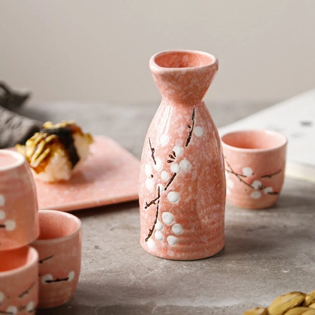 Plum Blossom Sake Cup Set - 7 pcs flowers Sake Set with Warmer