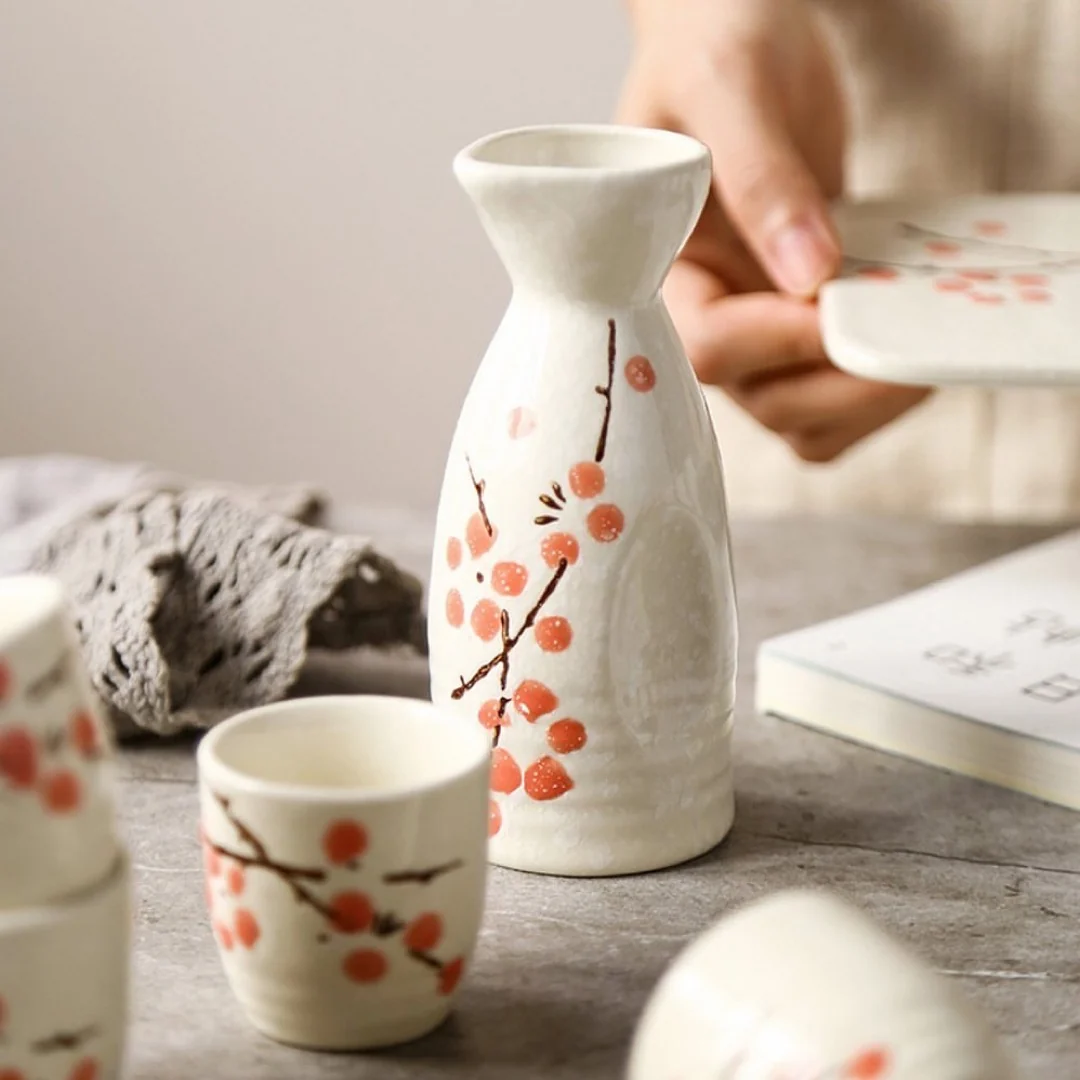 Plum Blossom Sake Cup Set - 7 pcs flowers Sake Set with Warmer