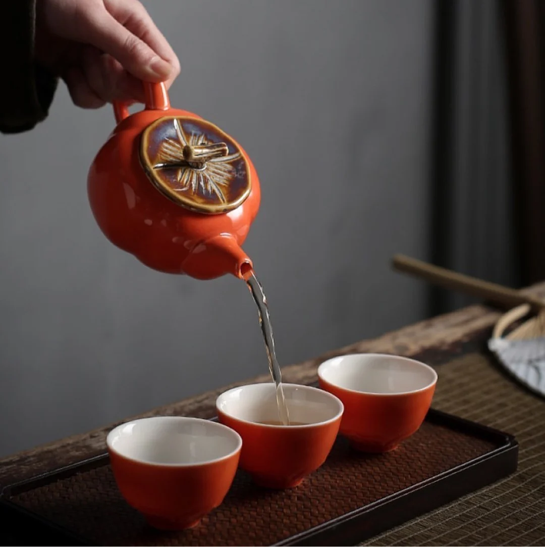 Traditional Chinese Tea Set- Ceramic Red Persimmon Tea Set with cups and Tea Plant Canister